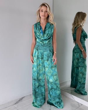 Green Print Open Back Jumpsuit