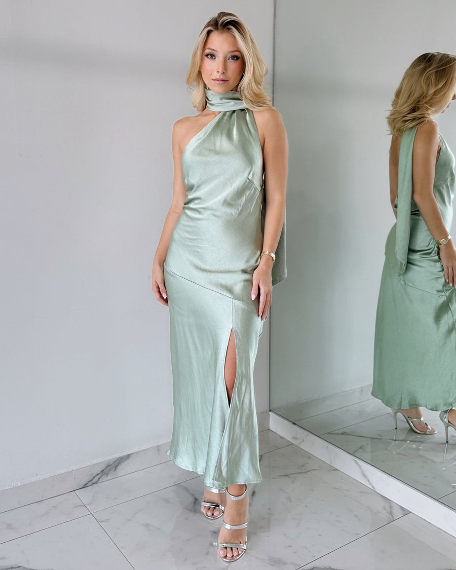 Mint One Shoulder Halter Midi Dress