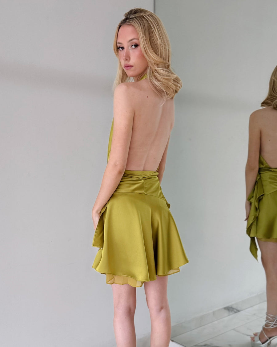 Lime Open Back V Neck Mini Dress