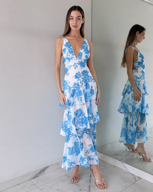 Baby Blue Floral V Neck Midii Dress