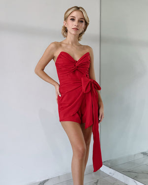 Red Strapless Bow Romper