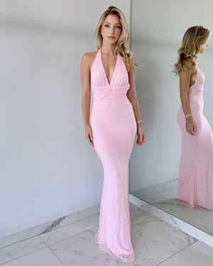Pink Pearl Halter Open Back Gown Dress