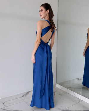 Blue Silk Open Back Maxi Dress