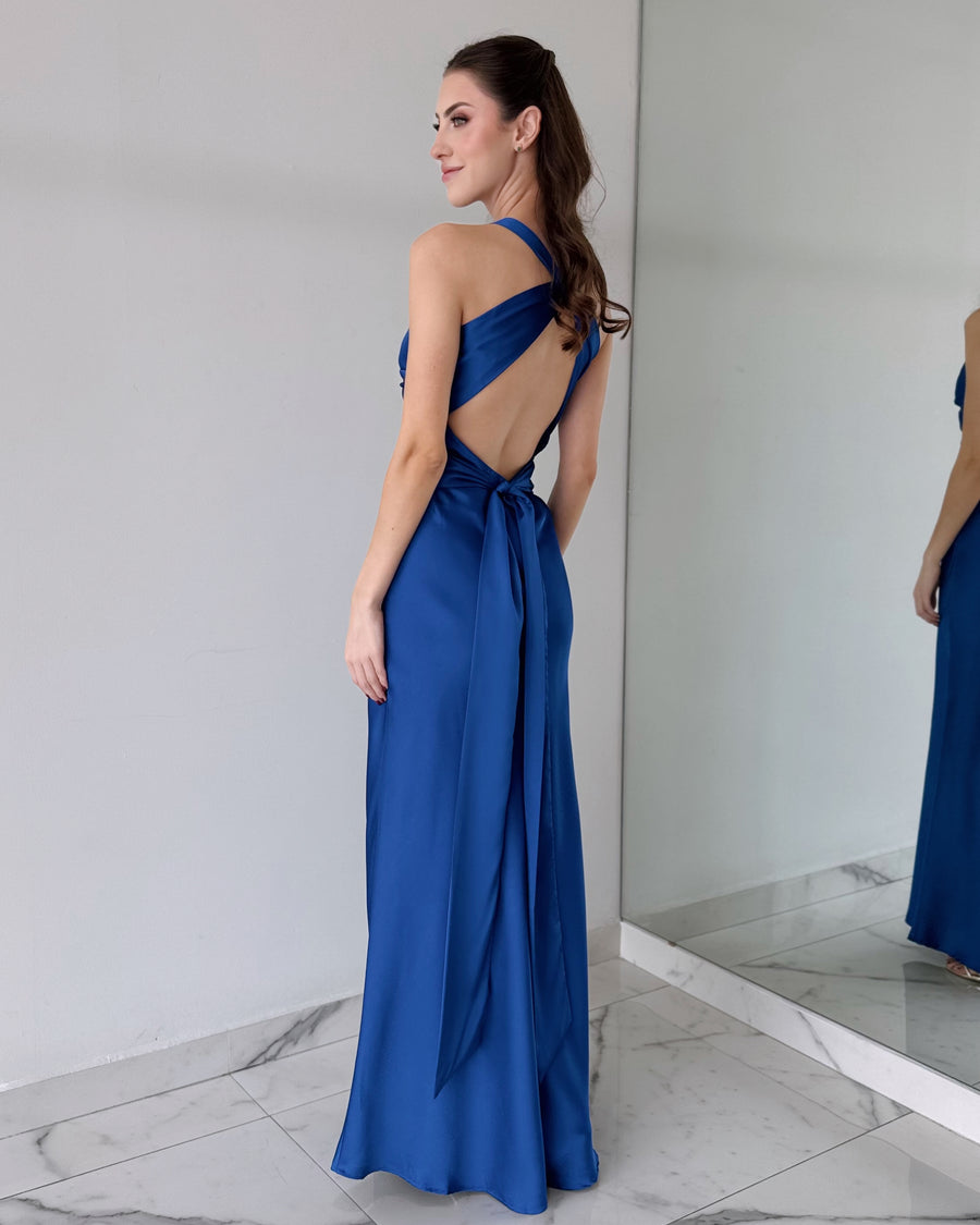 Blue Silk Open Back Maxi Dress