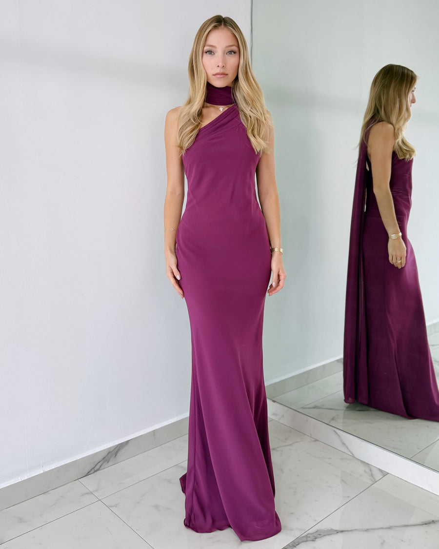 Magenta One Shoulder Gown Dress