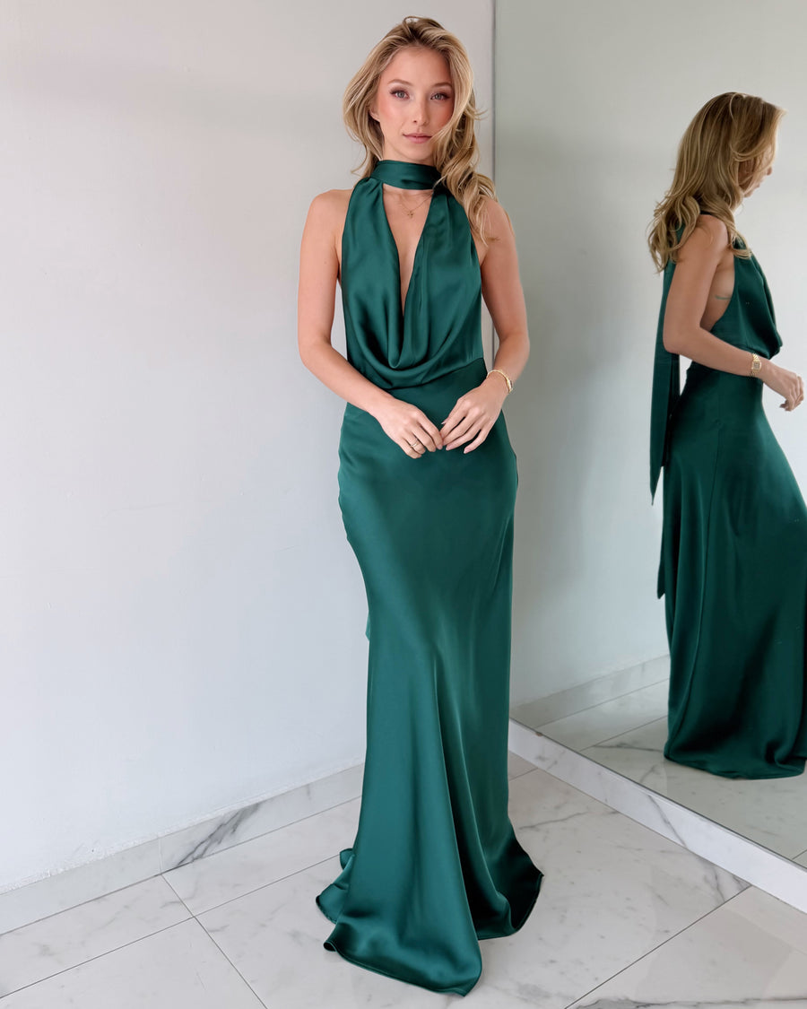 Hunter Green Halter Open Back Gown Dress