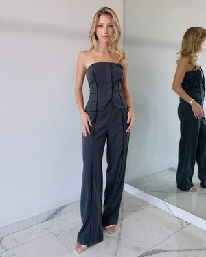 Gray Strapless Top + Pant Two Piece Set