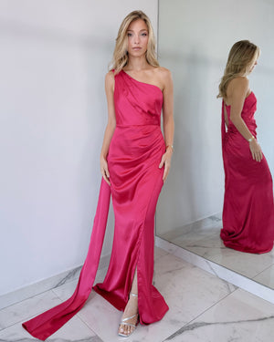 Fuchsia Choker One Shoulder Gown Dress