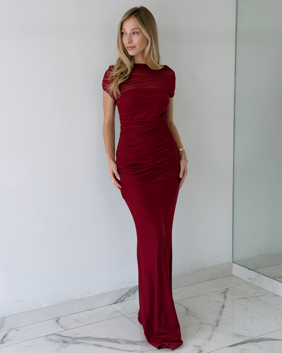 Wine Off Shoulder Gown Dress
