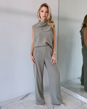 Olive Green Top + Pant Two Piece Set