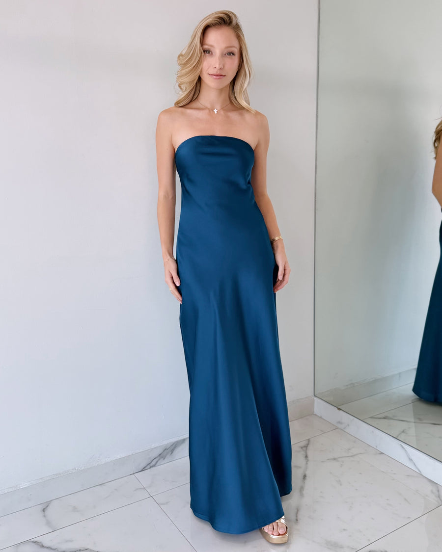 Blue Teal  Strapless Open Leg Maxi Dress
