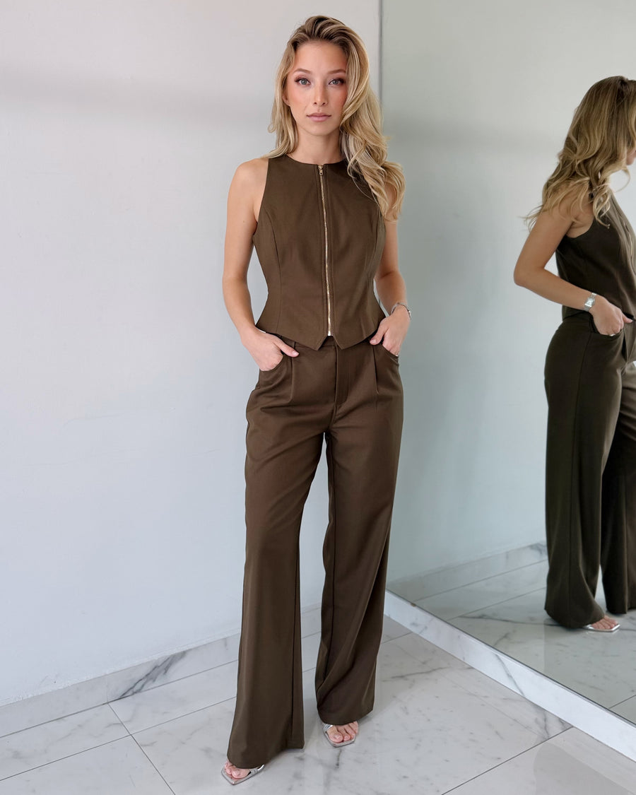 Coffee Zipper Top + Pant Two Piece Set