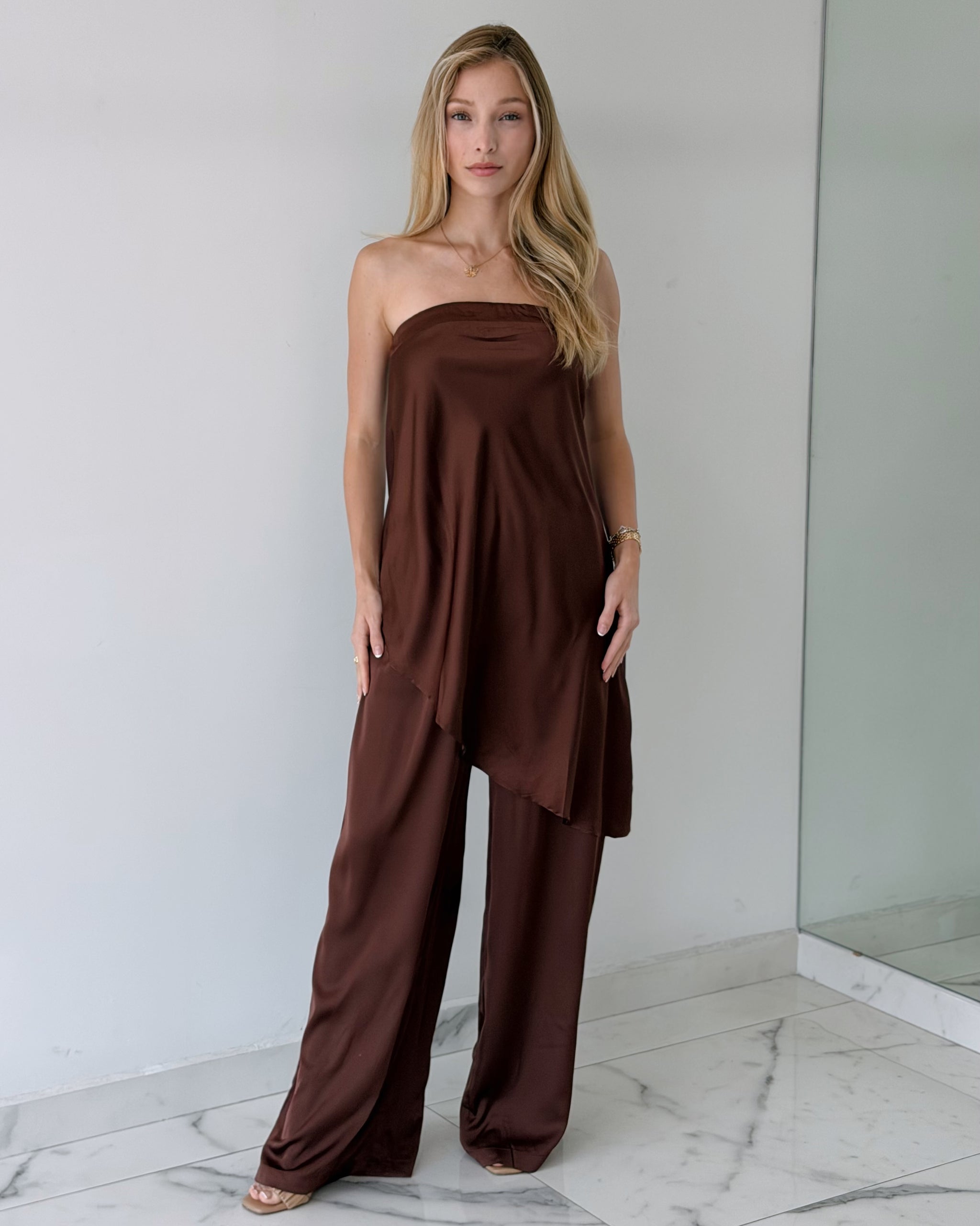 Coffee Chocolate Strapless Top + Pant Two Piece Set