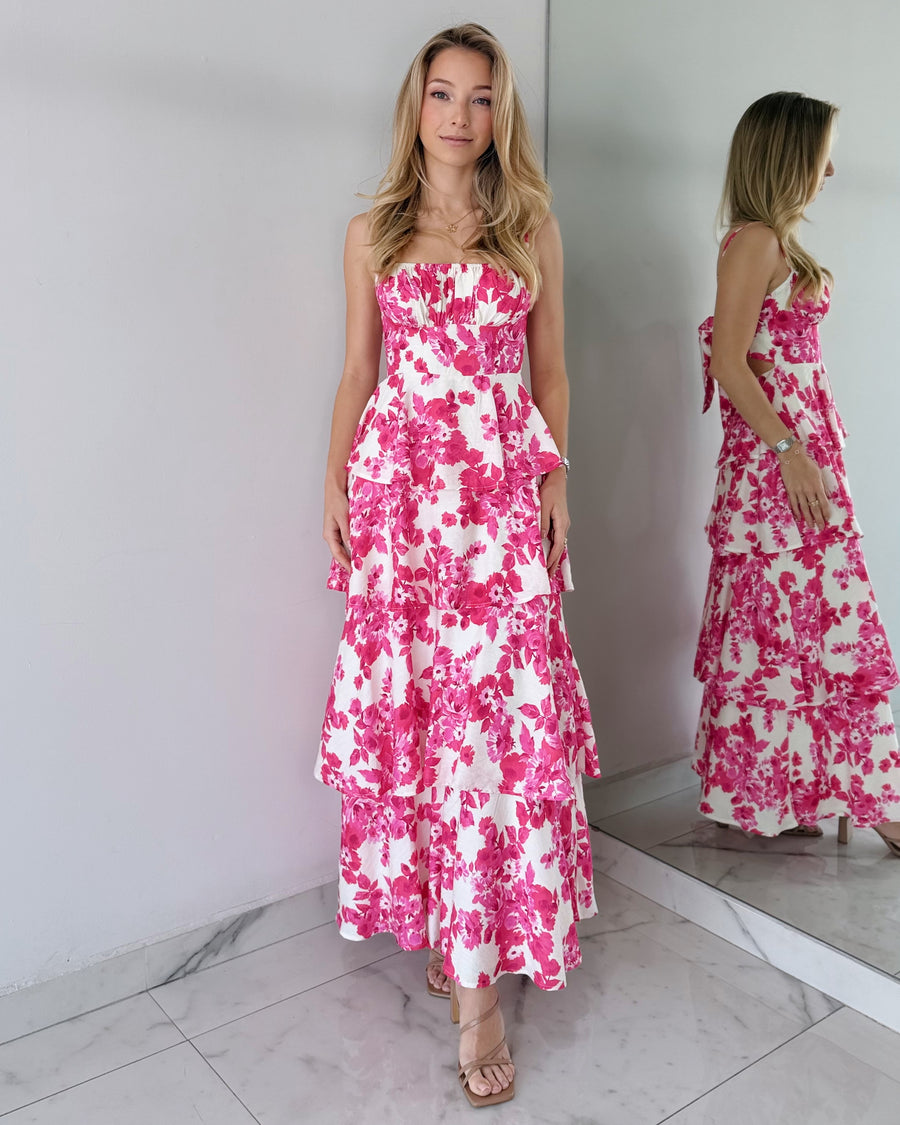 Fuchsia Open Back Print Maxi Dress