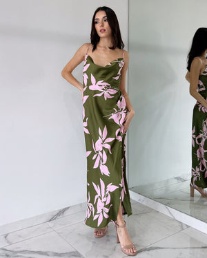 Green Floral Open Leg Midi Dress