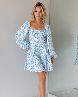 Baby Blue Floral Long Sleeve Mini Dress