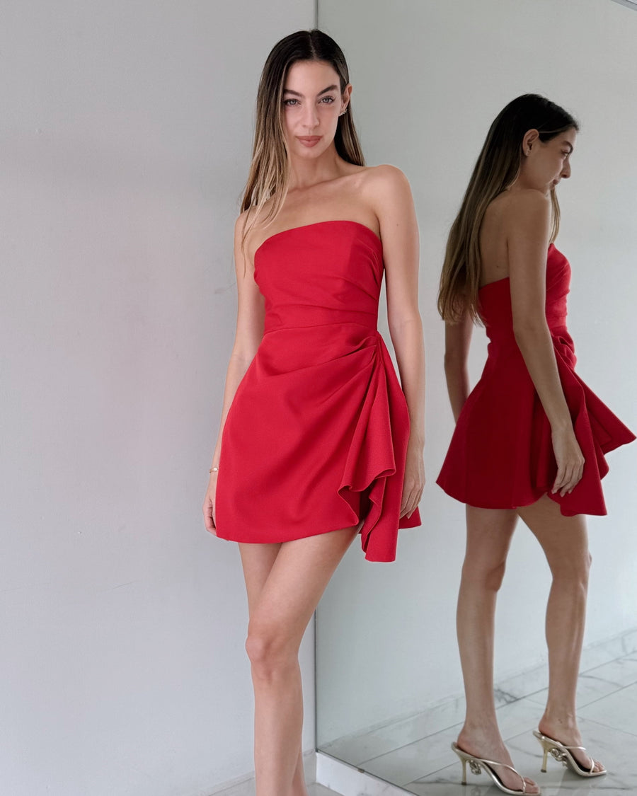 Red Strapless Ruffle Mini Dress