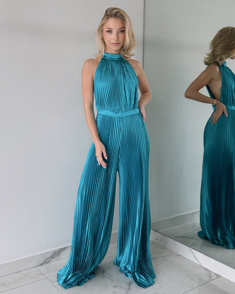 Blue Pleated Open Back Jumpsuit