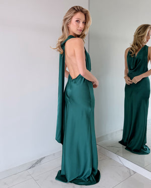 Hunter Green Halter Open Back Gown Dress