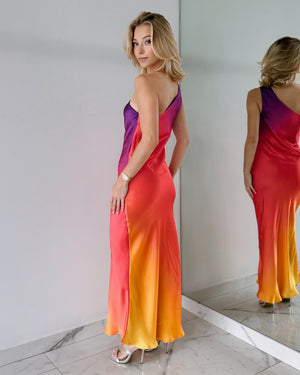 Purple Orange One Shoulder Maxi Dress
