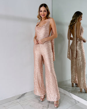 Nude Sequin Open Back Jumpsuit