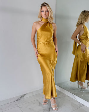 Mustard One Shoulder Halter Midi Dress