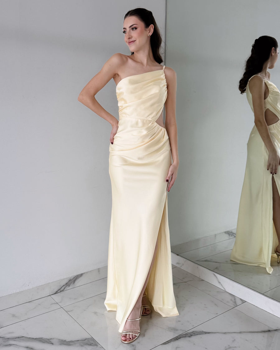 Butter Yellow One Shoulder Gown Dress