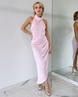Baby Pink Silk Halter Midi Dress