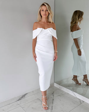 White Strapless Off Shoulder Midi Dress