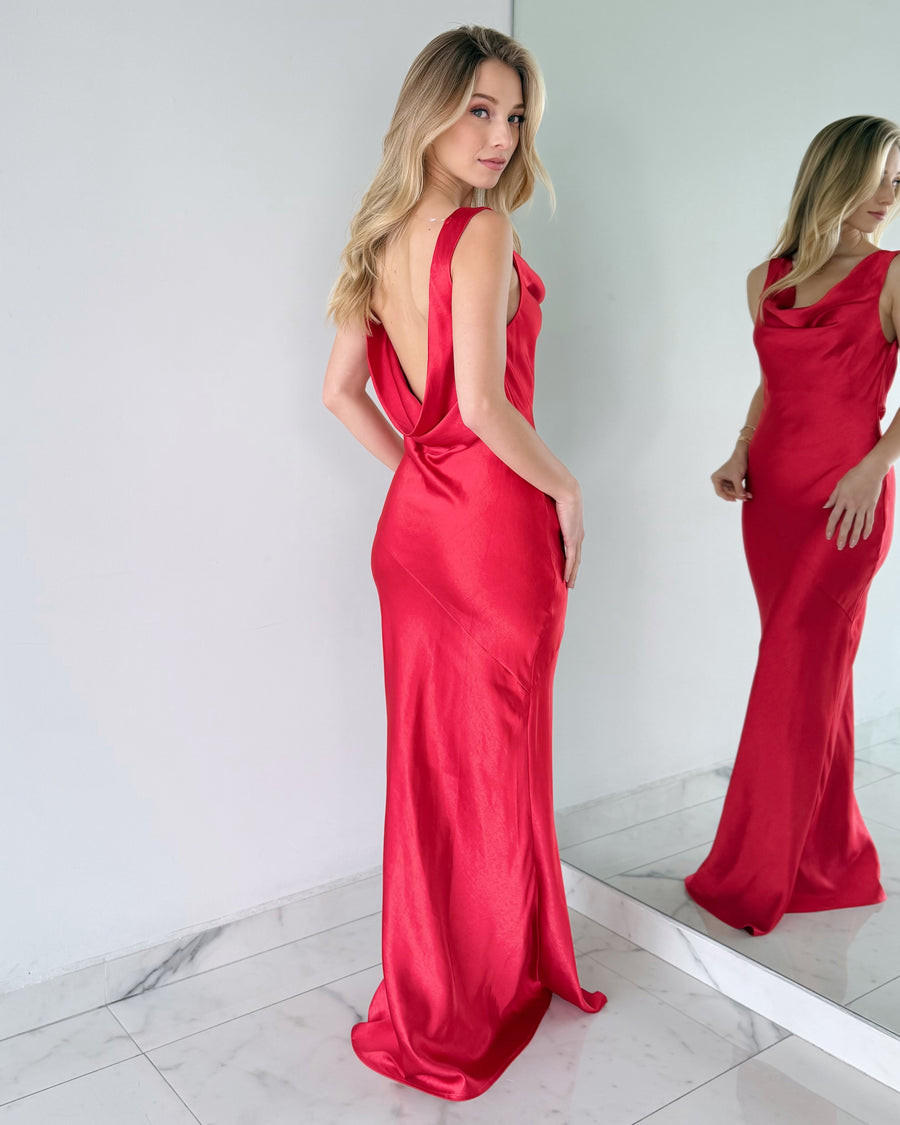 Red Open Back Silk Gown Dress