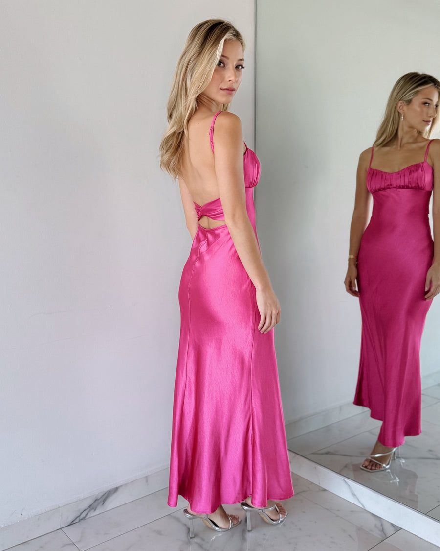 Magenta Silk Open Back Maxi Dress