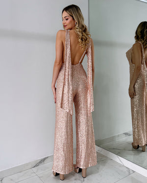 Nude Sequin Open Back Jumpsuit