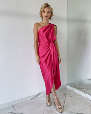 Hot Pink One Shoulder Midi Dress
