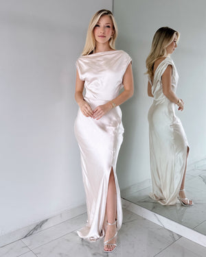Champagne Silk Open Leg Maxi Dress