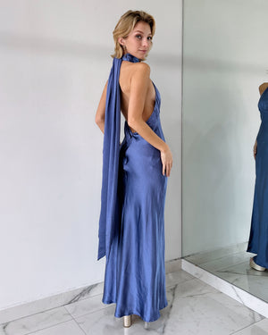 Blue Silk Halter Gown Dress