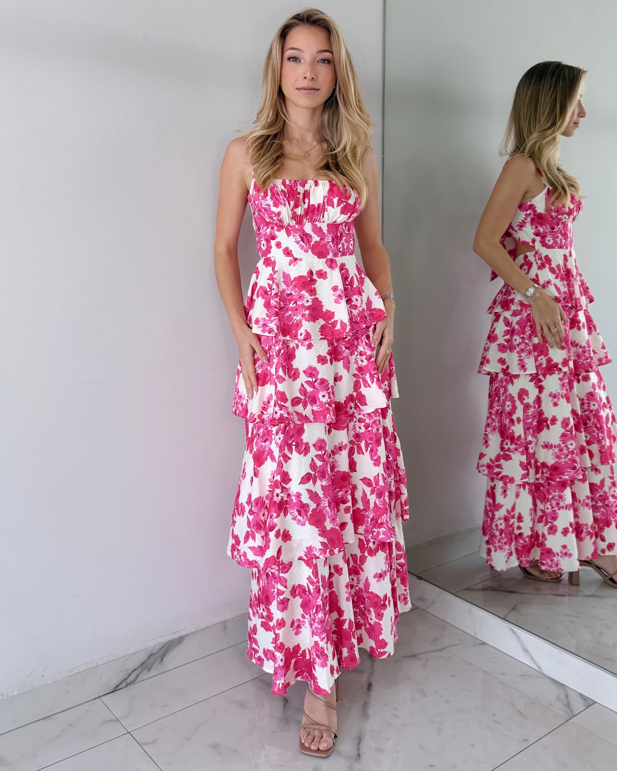 Fuchsia Open Back Print Maxi Dress