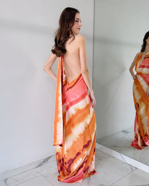 Coral Print Open Back Gown Dress