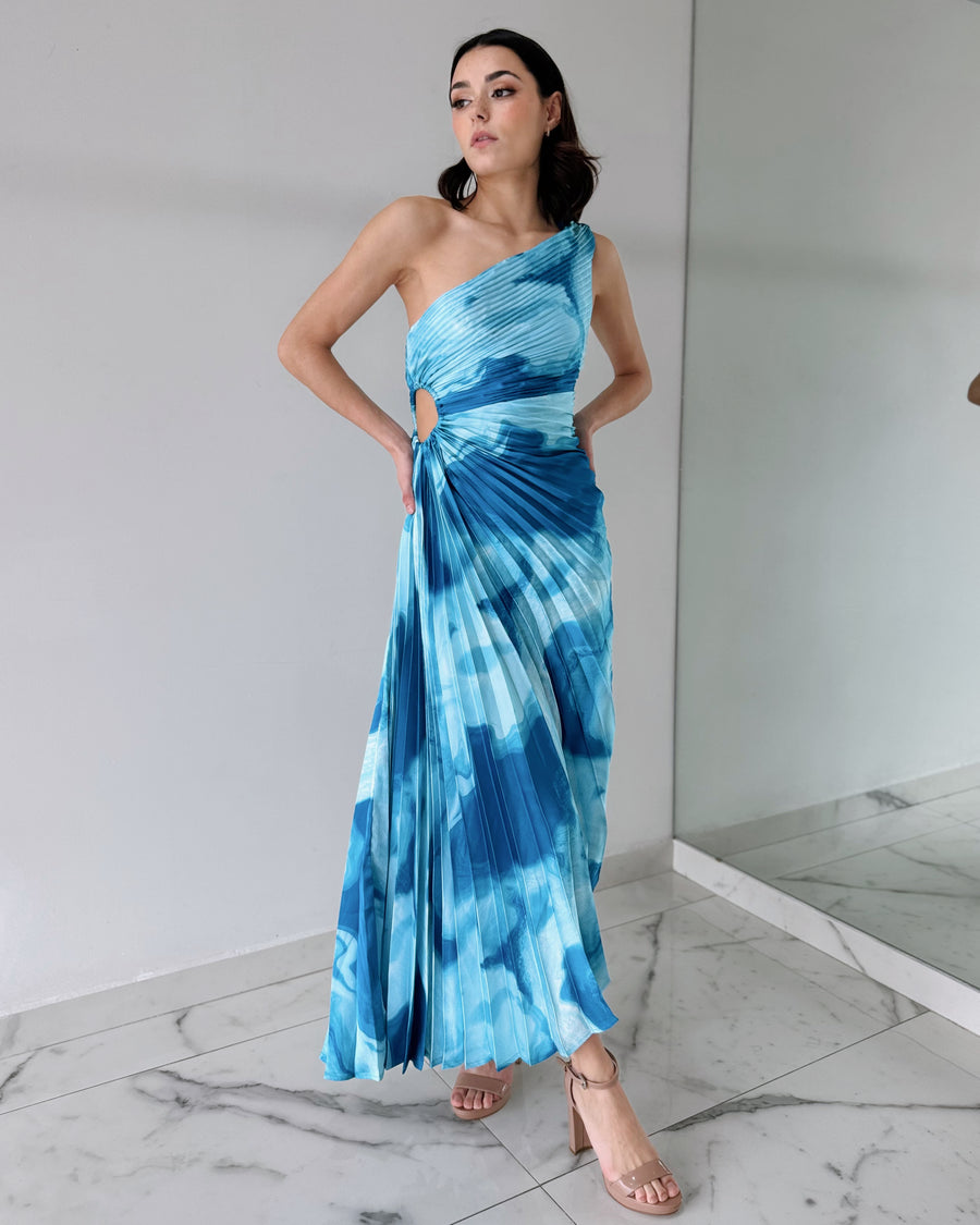 Baby Blue Tie Dye Asymmetrical Midi Dress