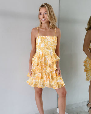 Yellow Floral Ruffle Mini Dress