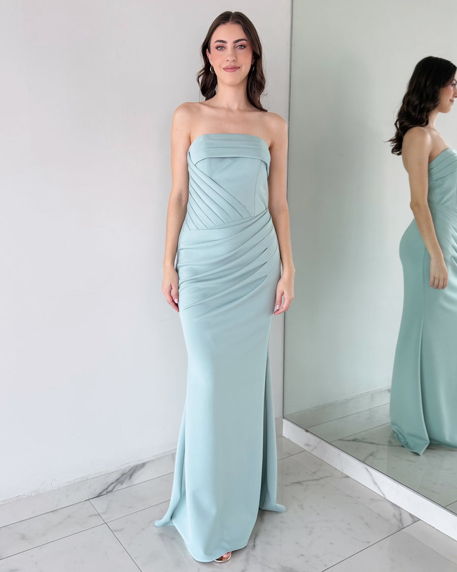 Mint Sage Strapless Neckline Gown Dress