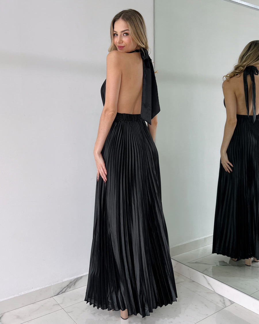 Black Pleated Open Back Gown Dress