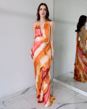 Coral Print Open Back Gown Dress