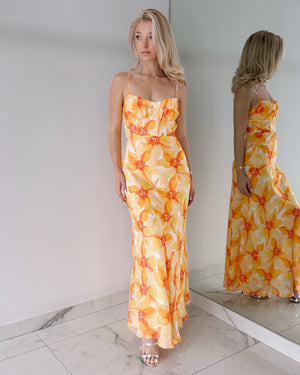 Yellow Orange Floral Open Back Maxi Dress