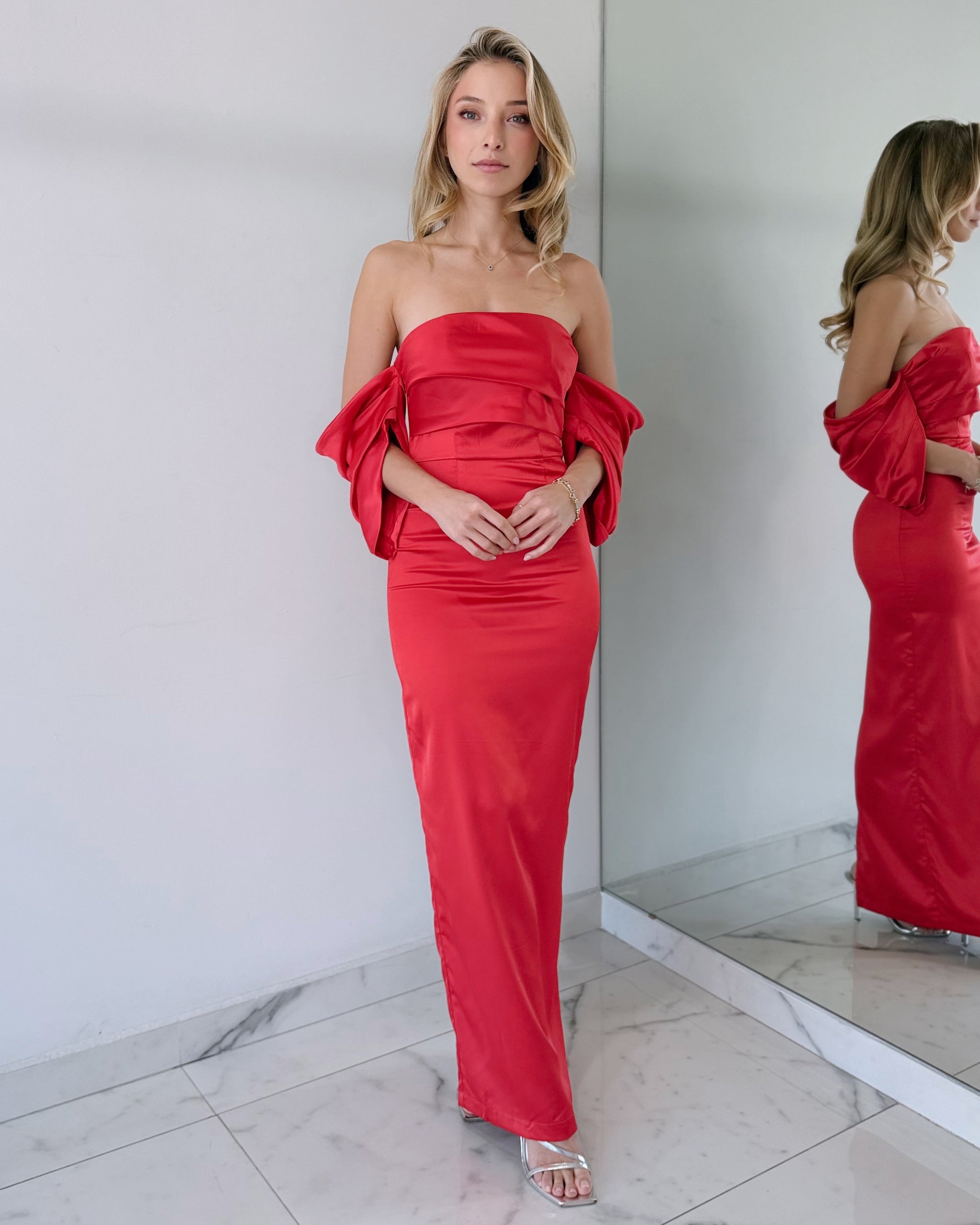 Red Off Shoulder Maxi Dress
