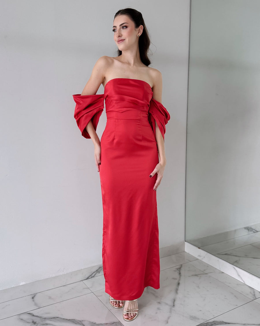 Red Off Shoulder Maxi Dress