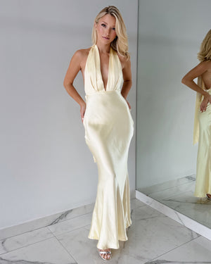 Butter Yellow Open Back Gown Dress