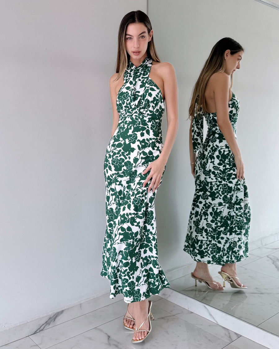 Green Floral Cross Midi Dress