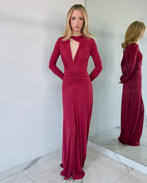 Wine V Neck Long Sleeve Gown Dress