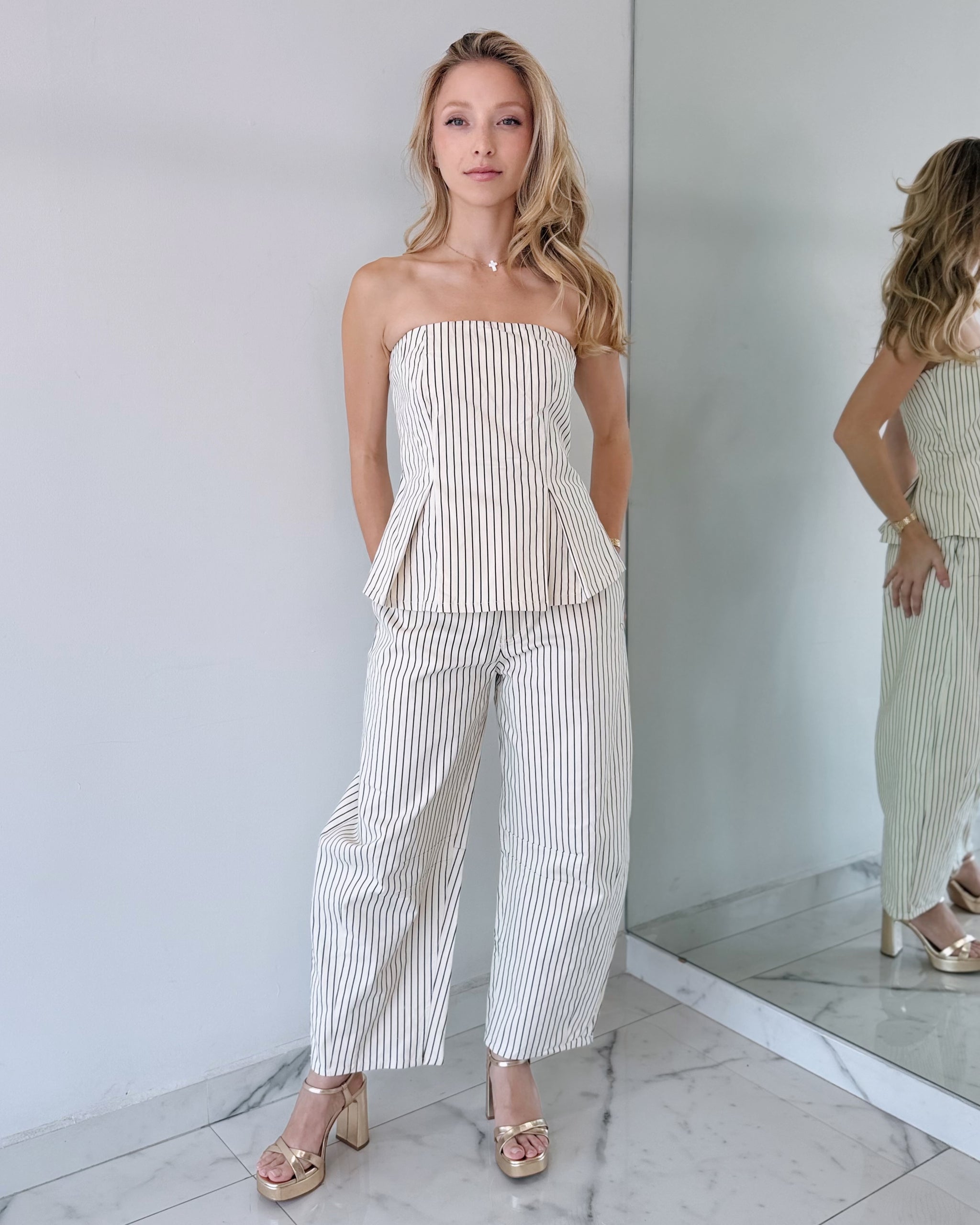 White Stripes Top + Pant Two Piece Set