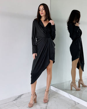 Black Long Sleeve Asymmetric Midi Dress